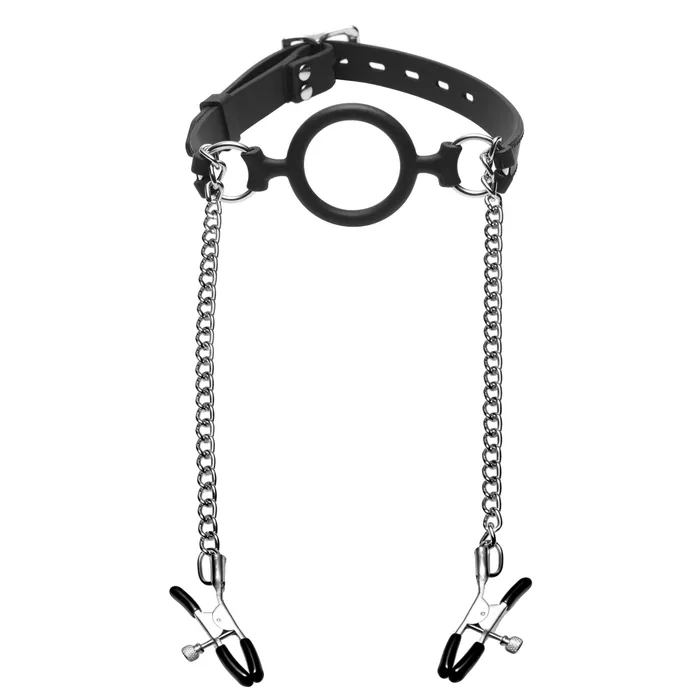 Master Series Male Sex Toys Mutiny Silicone ORing Gag with Nipple Clamps